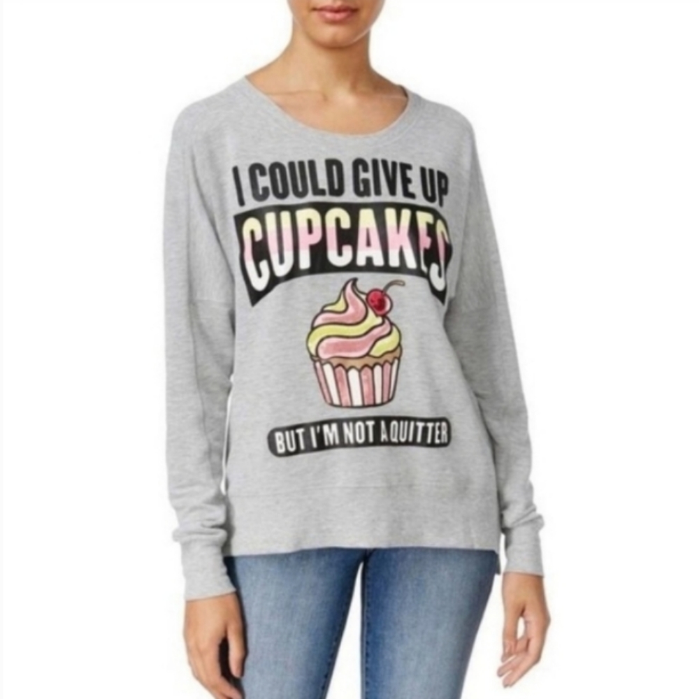 Rampage Colorful Pink Yellow Cupcake Text Sweatshirt size Small